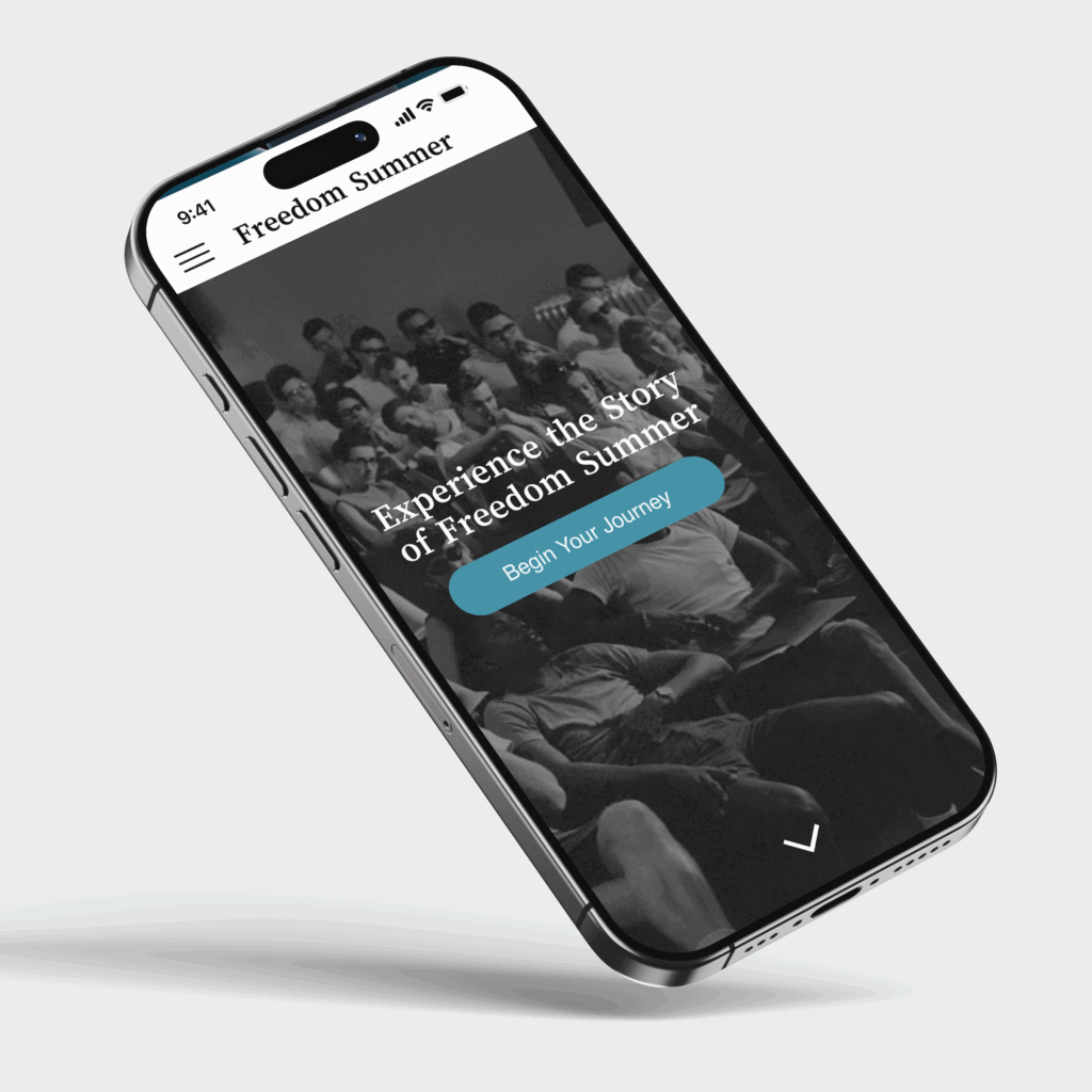 Mockup of the 2025 version of a Freedom Summer storytelling mobile website designed by David Shuppert, JoJo Peregrina and Kylee Halter. Credits to mockups-design.com for the mockup template. 