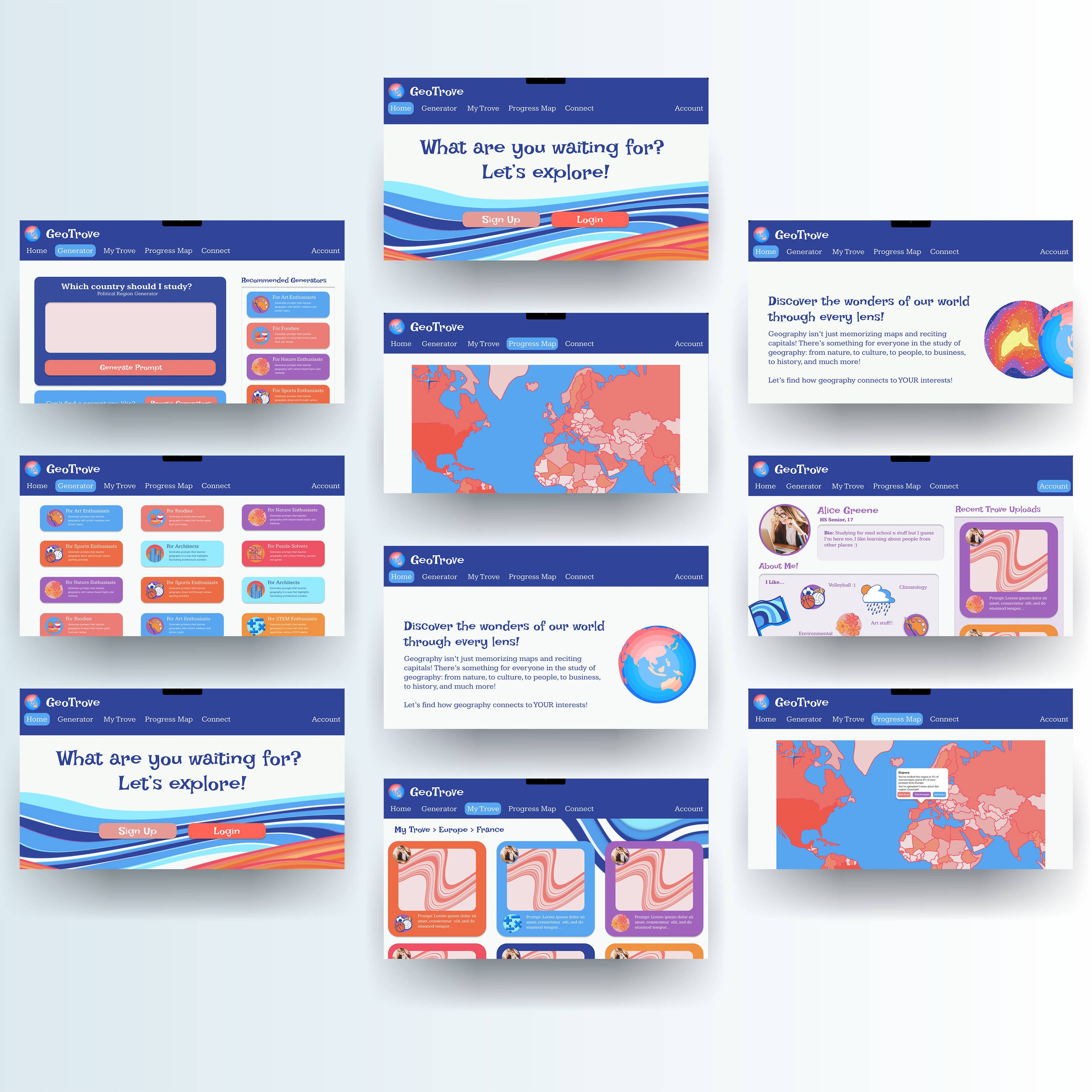 Design mockup of a geography learning website. Mockup courtesy of Alexandr Reznik on Behance.